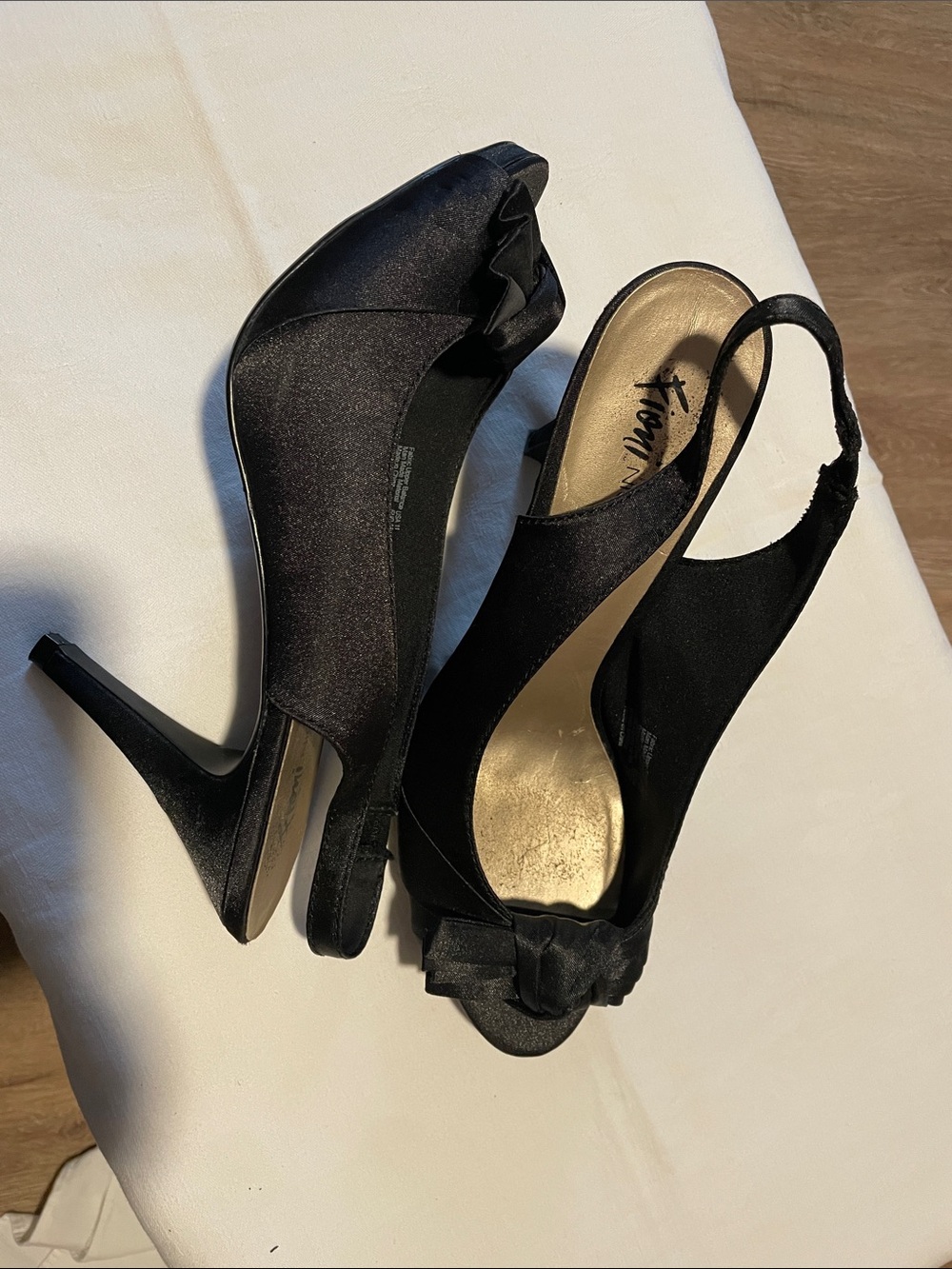 FIONI Clothing Black Satin Peep-Toe Slingback Heels with Bow